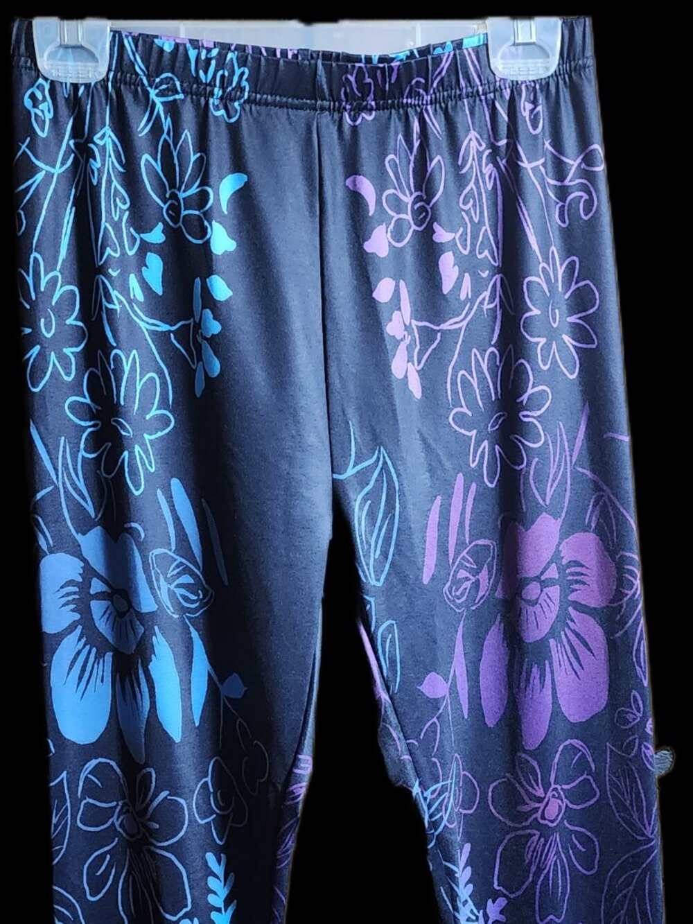Women's Black Floral Print Leggings Blue Purple Outline Casual Stretchy Pants La